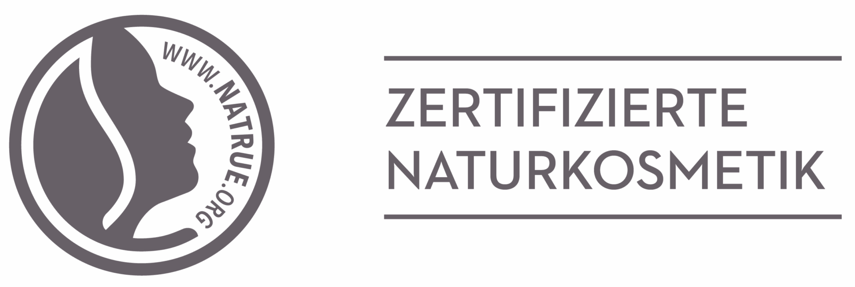 NATRUE-zertifiziertes Naturkosmetik-Logo mit einem Profilgesichtssymbol und dem Text Zertifizierte Naturkosmetik in deutscher Sprache.