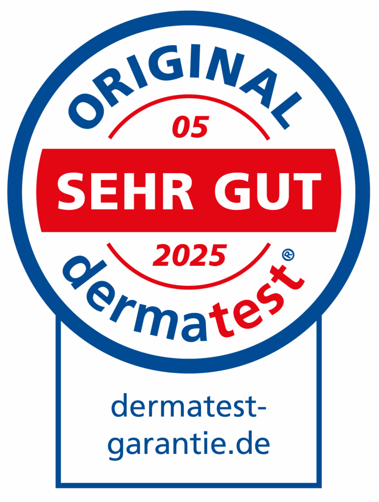 Ein rundes Siegel mit der Aufschrift ORIGINAL dermatest SEHR GUT 2025 und einer Website, dermatest-garantie.de, die auf eine hohe Produktbewertung hinweist.