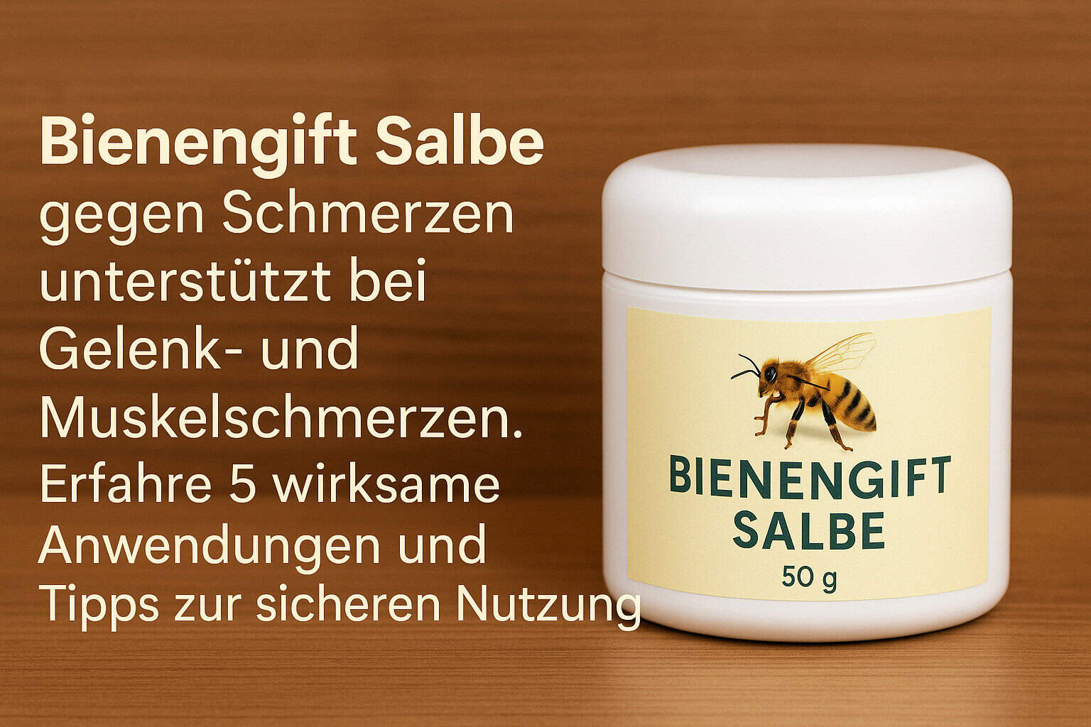 Auf einer hölzernen Unterlage steht ein Glas mit der Aufschrift Bienengift Salbe 50g, in dem die Verwendung als Salbe mit Bienengift gegen Schmerzen in Gelenken und Muskeln beschrieben und Tipps zur sicheren Anwendung gegeben werden.